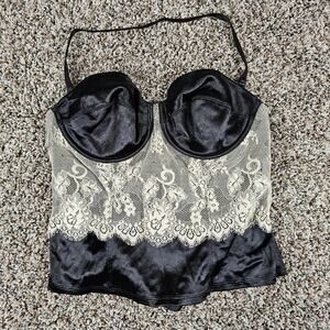 Moda International Womens Sz L Satin Corset Bustier Black w/ Cream Lace